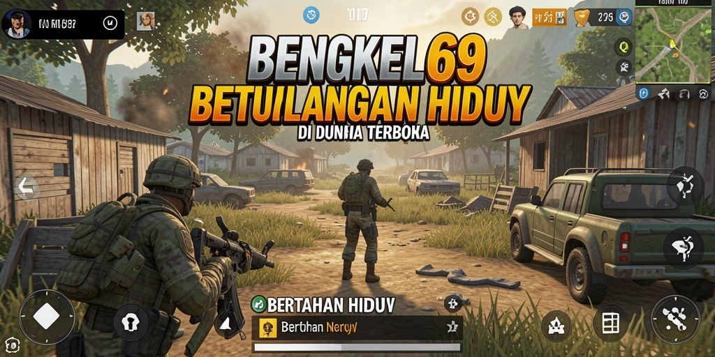 Antarmuka BENGKEL69 menampilkan elemen bertahan hidup yang interaktif.