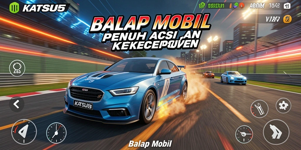 Antarmuka KATSU5 menampilkan mobil balap yang siap untuk berlaga.