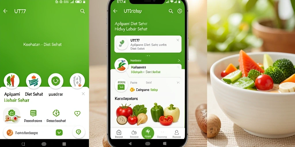 Screenshot antarmuka aplikasi UT77 dengan fitur pelacakan diet sehat.